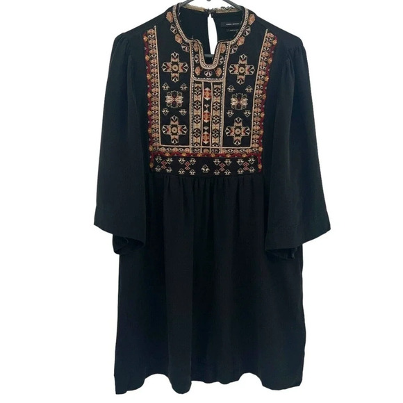 Isabel Marant Silk Mini Dress Black Embroidered Long Sleeve size EU 38 US Small - Picture 1 of 16